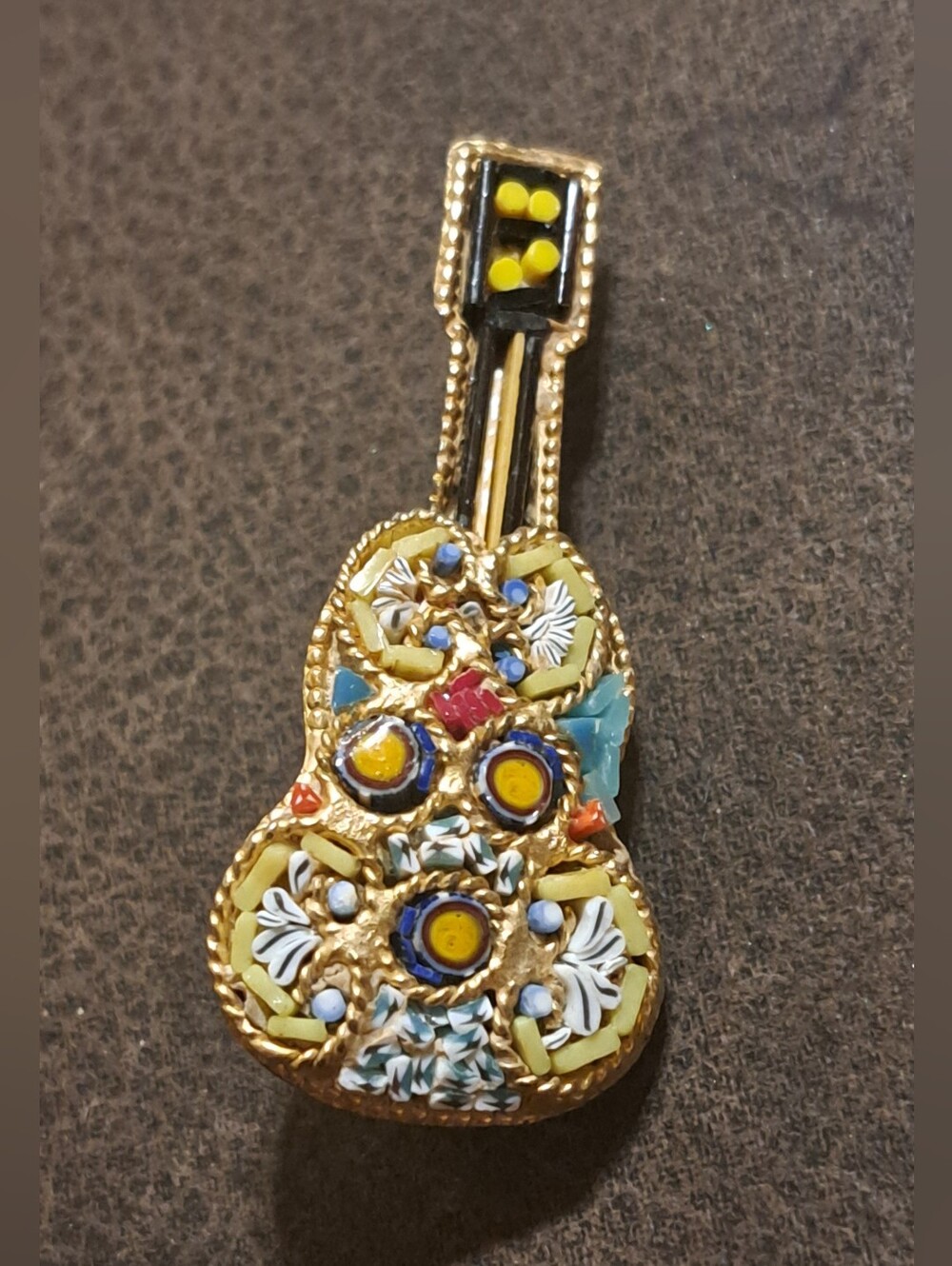 Vtg Italian Micro Mosaic Millefiori Guitar Shape Brooch Guitar Player Music Pin